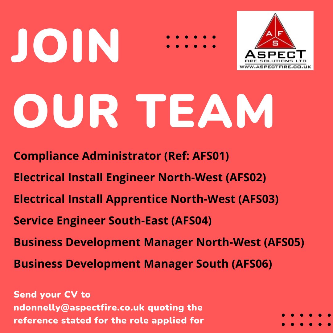 Looking for a new career? Aspect has some great new opportunities available - if any of the roles below are of interest please send your CV to Nicola Donnelly - ndonnelly@aspectfire.co.uk quoting the job reference. More info on our website aspectfire.co.uk #oldhamhour