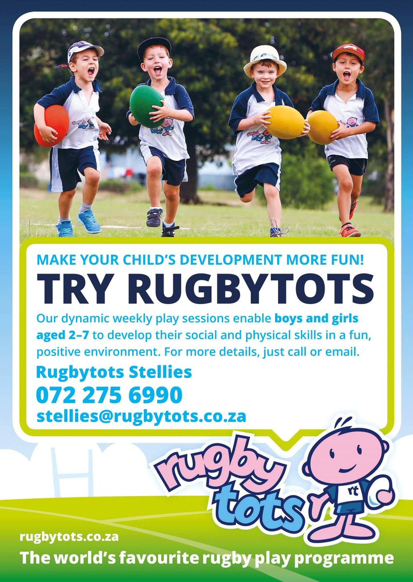 🏉⭐️Bring your Kids for a FREE Rugbytots Taster on Saturday, 28th May 2022, at Van der Stel Sports Club.
9.00am: 2yr - 3.5yr age group
9.30am: 3.5yr - 5yr age group
10.30am: 5yr - 7yr age group
Contact Coach Rich to book your FREE Rugbytots Taster. #Rugbytots #Stellenbosch