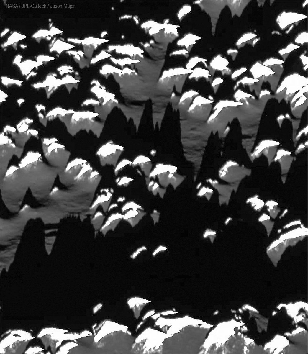 JPMajor's tweet photo. Here’s a view of "knobby terrain" on Jupiter's moon Callisto, captured by NASA's Galileo spacecraft on May 25, 2001 #OTD These are 100-meter-high ice spires that are highly reflective due to darker material having slipped down off them. They're casting shadows toward the top. https://t.co/voQuvyyQc0
