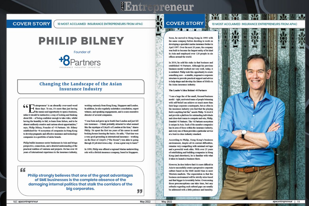 plus8hk's tweet photo. Philip Bilney, +8 Partners Founder, shares his views with APAC Entrepreneur on what it takes to build effective and sustainable businesses in the insurance industry. #plus8hk #insuranceindustryexpertise #insurance #reinsurance

https://t.co/dGVZmt3ocM https://t.co/fobCt1LOpl