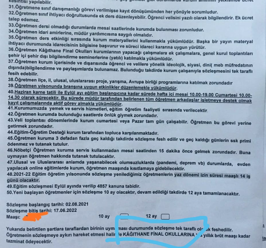1) İstanbul| <a href="/kagithane_final/">Kağıthane Final Okulları</a> okulları ile ilgili 10 aylık sözleşme yaptığına dair bir uyarı paylaşımı yapmıştık. Kurum yetkilileri tarafından "itham, iftira" olduğuna dair söylemler alıyoruz. Sendikamız 10 aylık sözleşmelere karşı bir mücadele başlattı. Öyleyse somut konuşalım!+