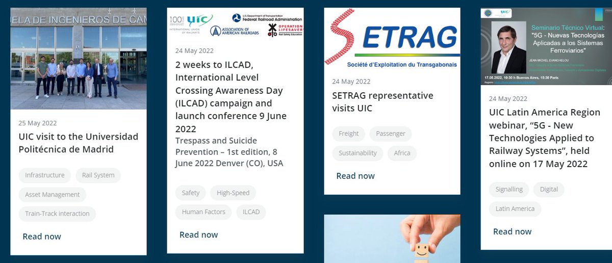 [#rail News] Please find the latest UIC eNews articles at: uic.org/com/enews/ 
The most recent topics include articles on the UIC visit to the Universidad Politécnica de Madrid, the <a href="/ilcad/">UIC - ILCAD</a> campaign and the visit of the SETRAG representative to UIC.