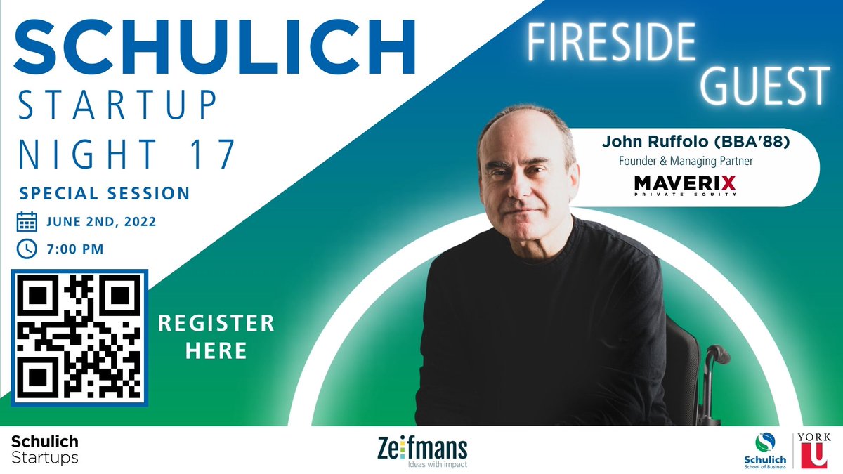 The Office of Innovation and Entrepreneurship is keeping the Schulich Startup Night excitement going beyond the pitch competition with a special fireside chat on June 2nd. Join us at 7:00 PM for an exclusive conversation with John Ruffolo (BBA'88), renowned founder and investor!