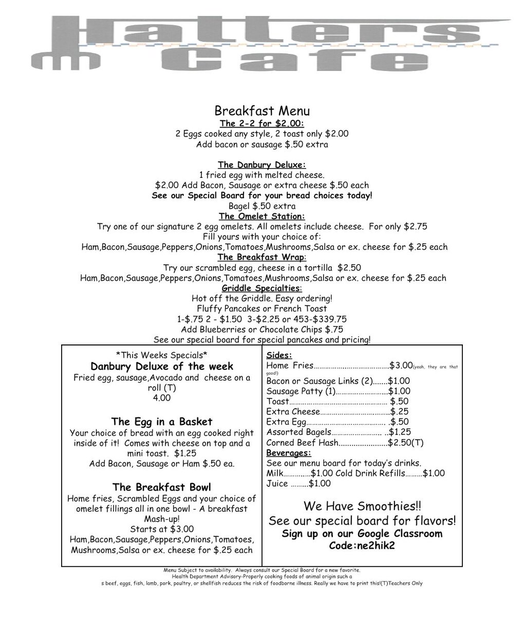 CoachTieri's tweet photo. One of the many awesome, unique things about Danbury HS is the Hatters Cafe. Full culinary operation that is facilitated by our HS students. They cook &amp; serve the food &amp; it's as good as any diner you will ever go to! @Chef_brian_t &amp; Co do an amazing job! #TheHatterWay 🥞🥓 https://t.co/VUmBAVb7xW