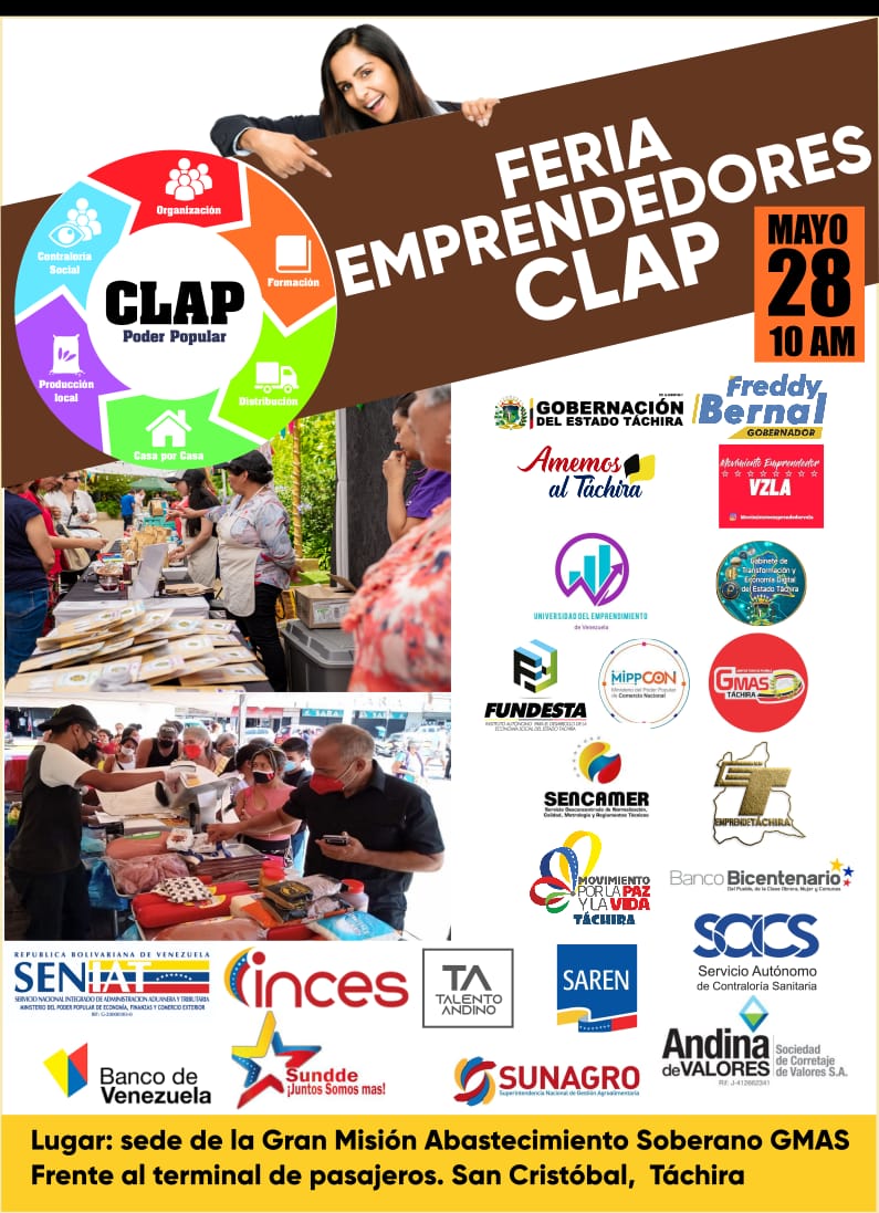 El día #Sabado #25Mayo en las instalaciones de la @tachira_gmas llevaremos a cabo la Feria de los Emprendedores #Clap organizada con <a href="/EmprendeTch/">Emprende Táchira Oficial</a> y #GMAS, los invitamos a que visiten esta importante vitrina y vean la  producción de los #Clap
#ClapTachiraEmprendedores