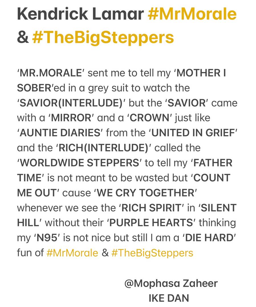 IkonShepherd's tweet photo. Kendrick Lamar album storyline that paint pictures and tell stories 
🤴🏾🎧🌍🐐

#KendrickLamar #albumstoryline #mrmoraleandthebigsteppers #HipHop #album #TDE #BlackLivesMatter #BLM #BHM #ReturnToAfrica #Ghana #Accra #Lagos #BillboardChat https://t.co/hx6nJ8j5bD