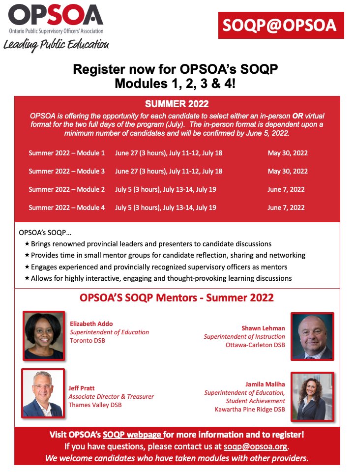 We welcome all our candidates to OPSOA’s SOQP modules 1-4 this summer. Choose in-person or virtual. Still time to register!