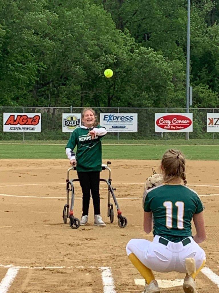 Stangsoftball's tweet photo. Thank you to Camdyn Reisner for throwing out the first pitch of the season! You are welcome in our dugout anytime!!! https://t.co/e6SUeubTts