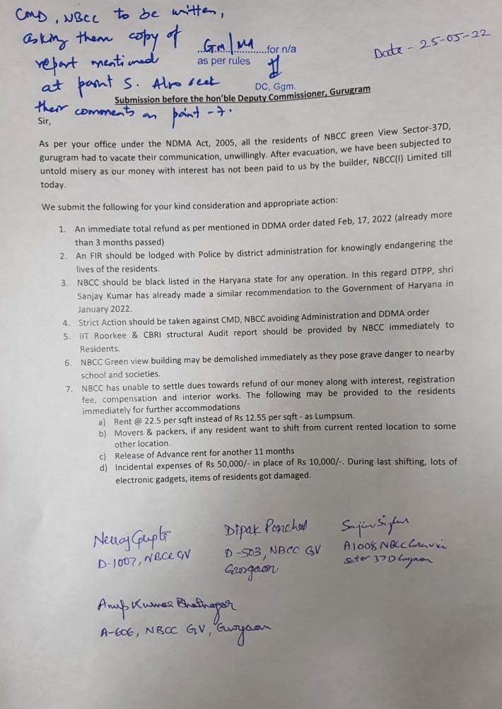 #Gurgaon <a href="/DC_Gurugram/">DC Gurugram</a> साहब ने डिजास्टर मैनेजमेंट एक्ट के तहत सेक्टर 37डी स्थित एनबीसीसी ग्रीन व्यू  के करीब 120 परिवारों को बेघर कर दिया। 3 महीने बीतने के बाद भी <a href="/OfficialNBCC/">NBCC (India) Limited</a> से रिफंड नहीं दिलवा सके। <a href="/nishantyadavIAS/">Nishant Yadav IAS</a> #NBCC_GreenView <a href="/dtcphry/">Director Town & Country Planning</a> <a href="/kMakrandIAS/">मकरंद</a> <a href="/cmohry/">CMO Haryana</a> <a href="/mlkhattar/">Manohar Lal</a>