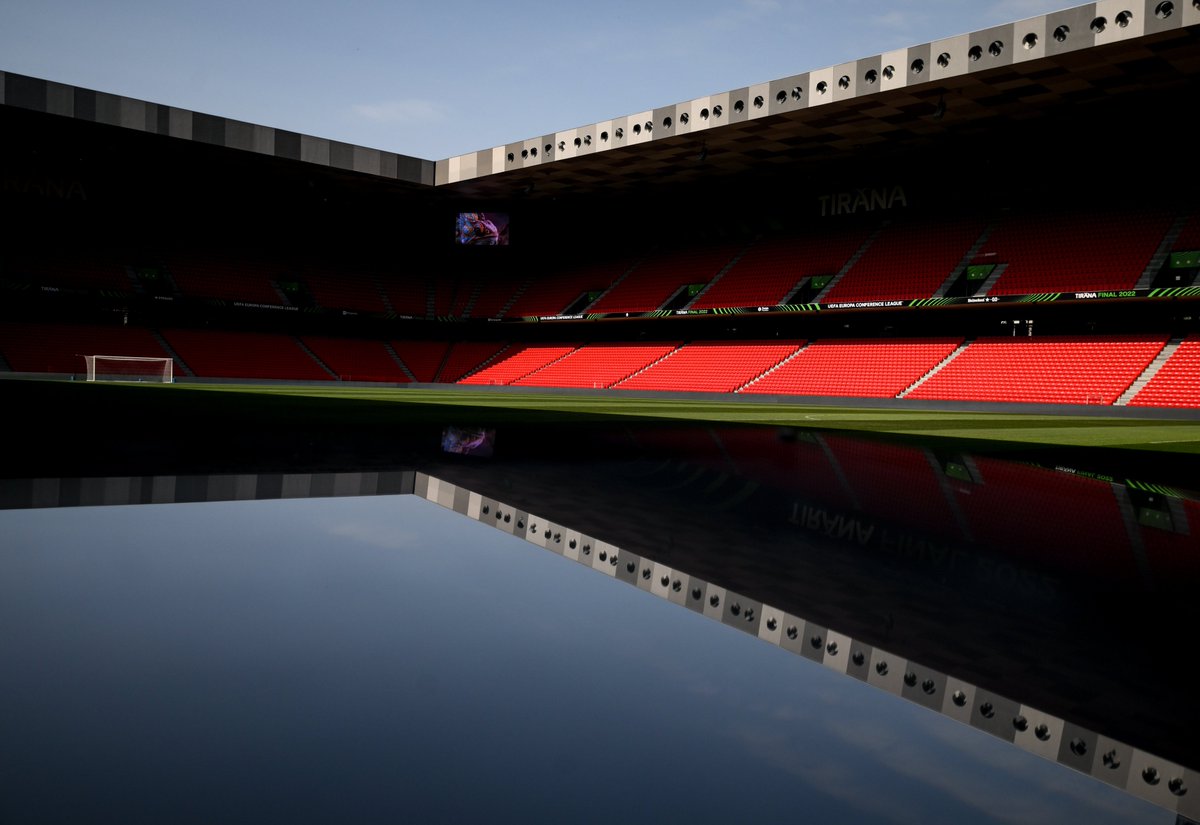 UEFA's tweet photo. 🏟️ Albania's National Arena opened in 2019 and was funded partly by the #UEFAHatTrick programme, which invests in football development projects across Europe.

By 2024, HatTrick will have invested €2.5bn to help the game grow.

Tonight, the stadium hosts the first #UECLfinal! https://t.co/YSycHUS6KU