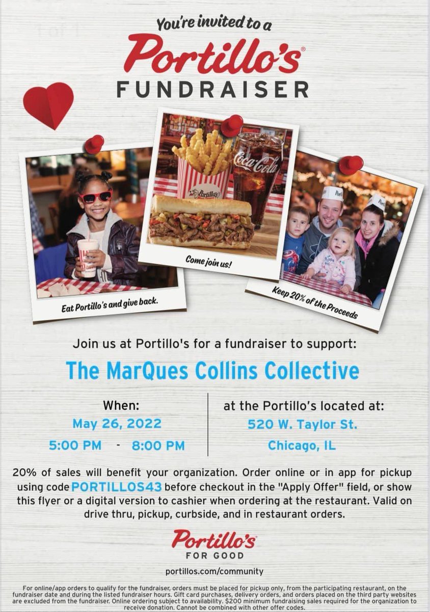 marqccollective's tweet photo. This Thursday!!! Join @marqccollective @thebgvexclusive !! @portilloshotdogs on Taylor, 5pm-8pm we hope to see you! Support!
.
#TeamMCC #BgvExclusive #fundraiser #fundraising #charity #donate #nonprofit #community #support #giveback #donation #givingback #donations https://t.co/6YW0zM9NZO