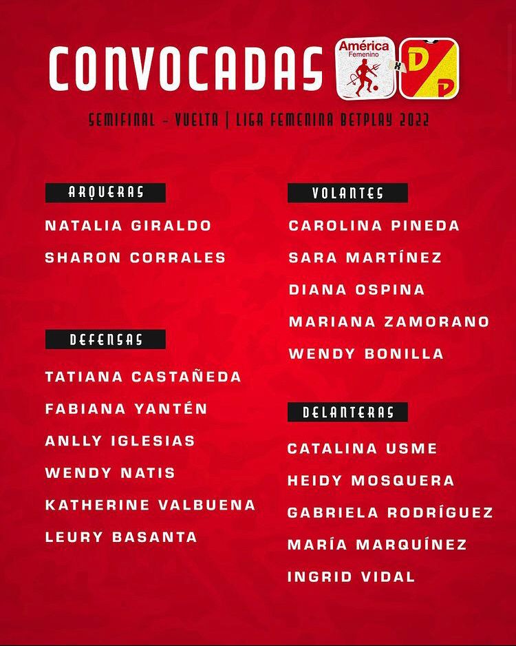 gdmarinosanchez's tweet photo. #LigaBetplayFemenina
#SemifinalVuelta 
#Convocadas para el compromiso 
@AmericaCaliFem
VS.
@CorpereiraFem https://t.co/pgXROWqCdk