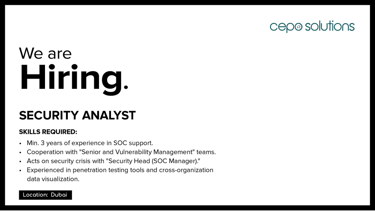 ceposolutions's tweet photo. Hiring alert! 
There's an opening for the Security Analyst position in Dubai. A job profile that gives you the experience of working in Dubai seems amazing, right? Candidates can send their resumes at: ruby@ceposolutions.com
#securityanalyst #hiringnow #jobsindubai #ceposolutions https://t.co/2I7NYUoE9J