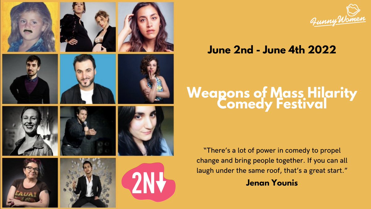 What happens when An Arab, Iranian, Assyrian and Jew walk into a bar? Weapons of Mass Hilarity has its first weekend long festival coming up in June. Read more: funnywomen.com/2022/05/24/wea… 

#weaponsofmasshilarity #comedyfestival #funnywomen <a href="/2Northdown/">2Northdown</a> @Jenan_Younis