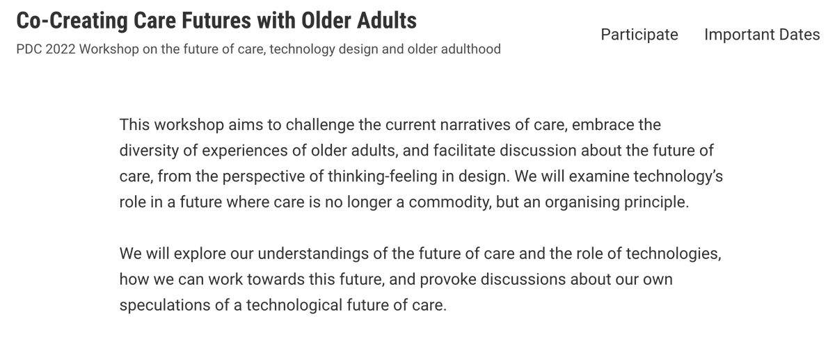 For those working at the intersection of #ageing, #care,  #technology and #cocreation - please consider submitting to our workshop at <a href="/PDC_conference/">PDC2024</a> ! Deadline 13th June (but quite a lightweight submission): carefutures.wordpress.com - let's explore the futures of care together!