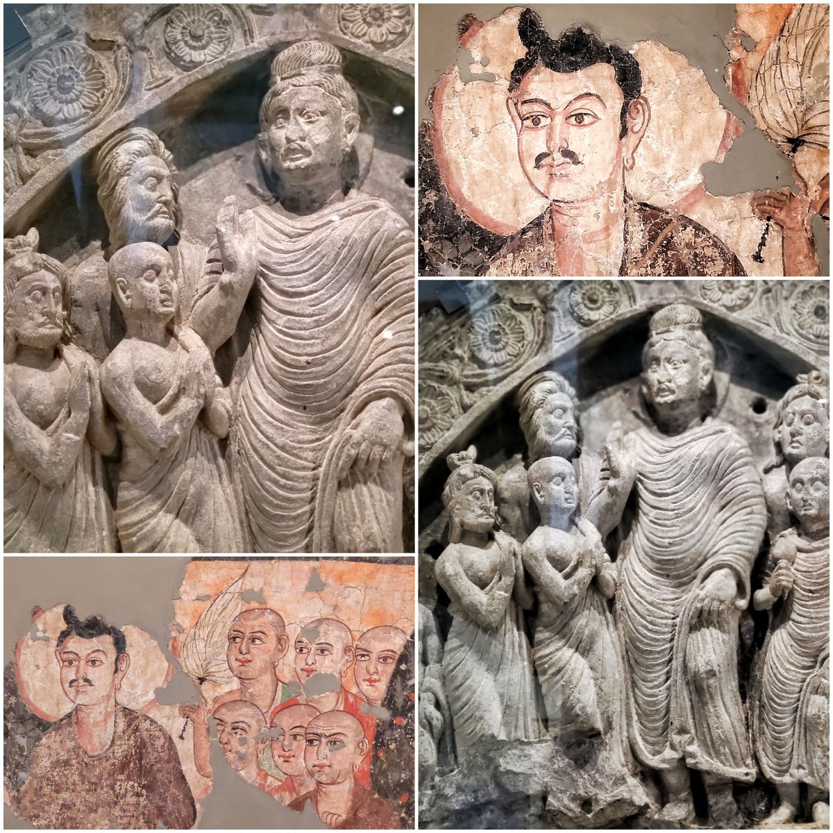 A fortnight after seeing this c200CE painting of the Buddha surrounded by his disciples from Miran near Kashgar, Xinjiang now in the @nmnewdelhi I saw yesterday this almost identical c200CE Gandharan panel of the Dipamkara Jataka in the <a href="/britishmuseum/">British Museum</a>.