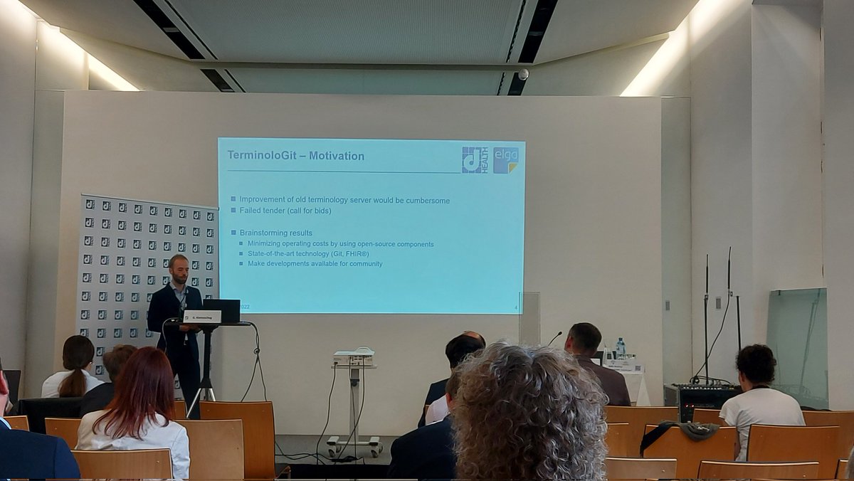 Gabriel Kleinoscheg presents the very innovative project "TerminoloGit" – An Open Source Terminology Server for Large Scale eHealth Environments. #dHealth2022