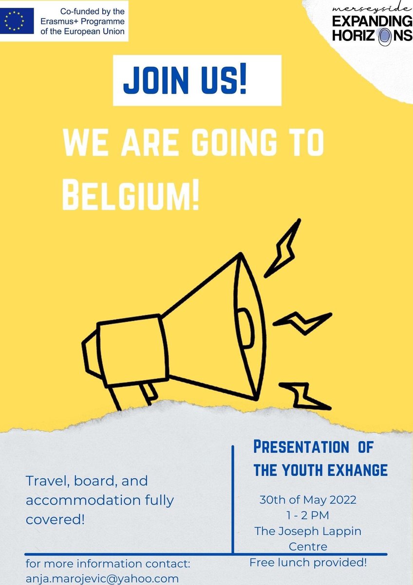ehorizons's tweet photo. Join us on 30/5/22 at the Joseph Lappin Centre from 1 to 2 PM to find out about a FREE YOUTH EXCHANGE IN BRUSSELS with the CyberIncluding goes Europe Erasmus+ project aimed at providing young people with resources to combat cyberbullying.
#ErasmusPlus #youthexchange https://t.co/Ws1xPcBASj