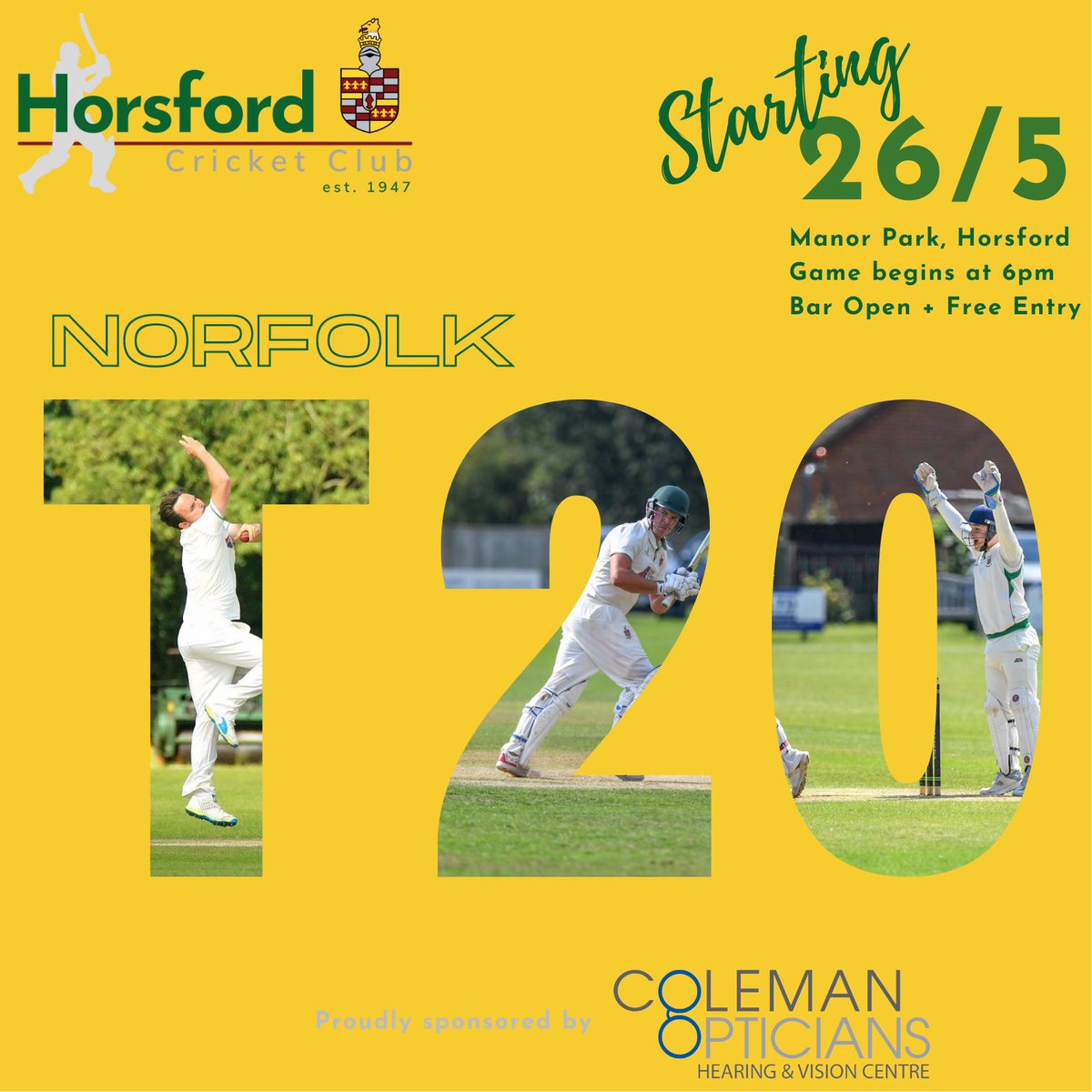 HorsfordCC's tweet photo. 🏏 Tomorrow sees the return of the start of the annual #NorfolkT20 sponsored by @colemanopticians

First game at 6pm  with @bradfieldcricketclub taking on @greatwitchinghamcc 

Bar will be open 🍹#cricketlovers 
@ReadBrothersLtd @ABGroup https://t.co/njhv8mmBJQ
