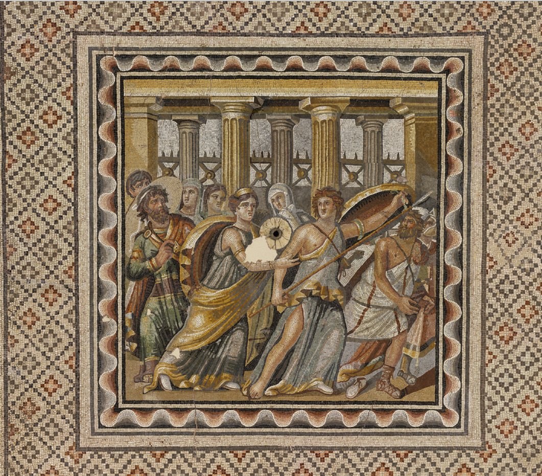 Un saut en Orient avec la très belle mosaïque d'Achille à Skyros, partant pour la guerre de Troie mais encore partiellement affublé de son déguisement féminin. Découverte en 1999 dans la maison de Poséidon à Zeugma.