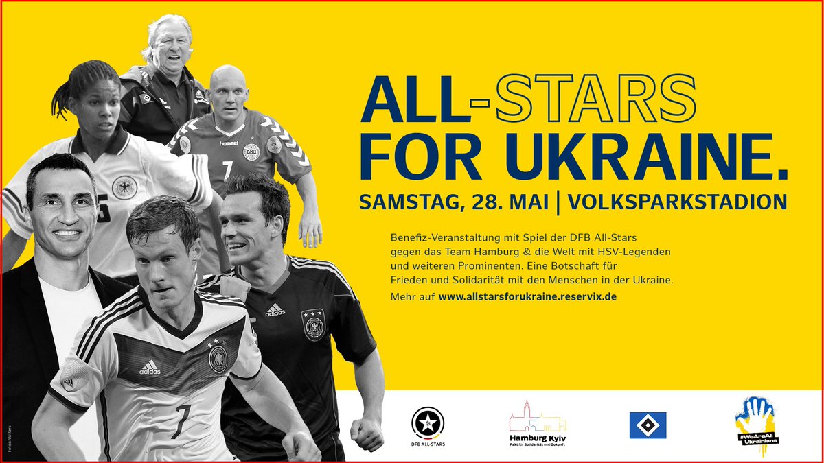 pkWebService's tweet photo. ALL-STARS FOR UKRAINE
#Hamburg, #Volksparkstadion, 28. Mai 2022, 12.00h
#Benefiz-#Fußballspiel
#DFB #AllStars vs. Team Hamburg &amp; Welt
mit Prominenten, darunter #HSV-Legenden
für die #Ukraine.
Nur noch wenige Plätze verfügbar!
Details &amp; Karten:
https://t.co/7GdCgQAZXd
@Klitschko https://t.co/KOJGQD65jN