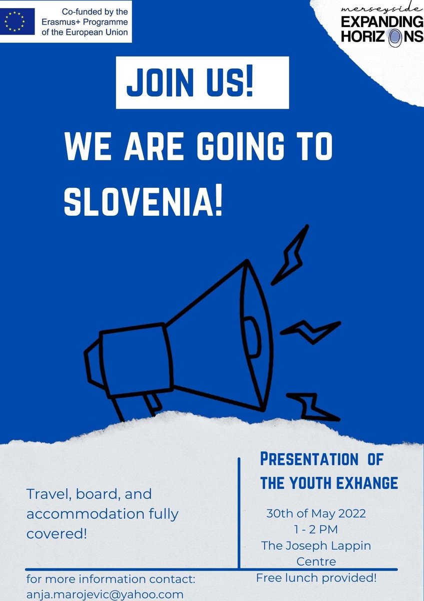 ehorizons's tweet photo. Join us 30th of May at the Joseph Lappin Centre from 1 to 2 pm to find out about a FREE YOUTH EXCHANGE IN SLOVENIA with the Active Youth = EU Future Erasmus + project  aimed at empowering young people to discover and develop their true potential

#ErasmusPlus #youthexchange https://t.co/h13HQysX5x