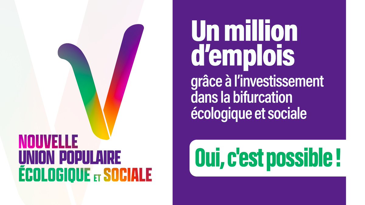 🟣 Un million d'emplois grâce à l'investissement dans la bifurcation écologique et sociale ?

✌️ Oui, c'est possible !

✅ Les 12 et 19 juin, votez pour les candidats de la Nouvelle Union Populaire !

#NUPES 
#UnionPopulaire