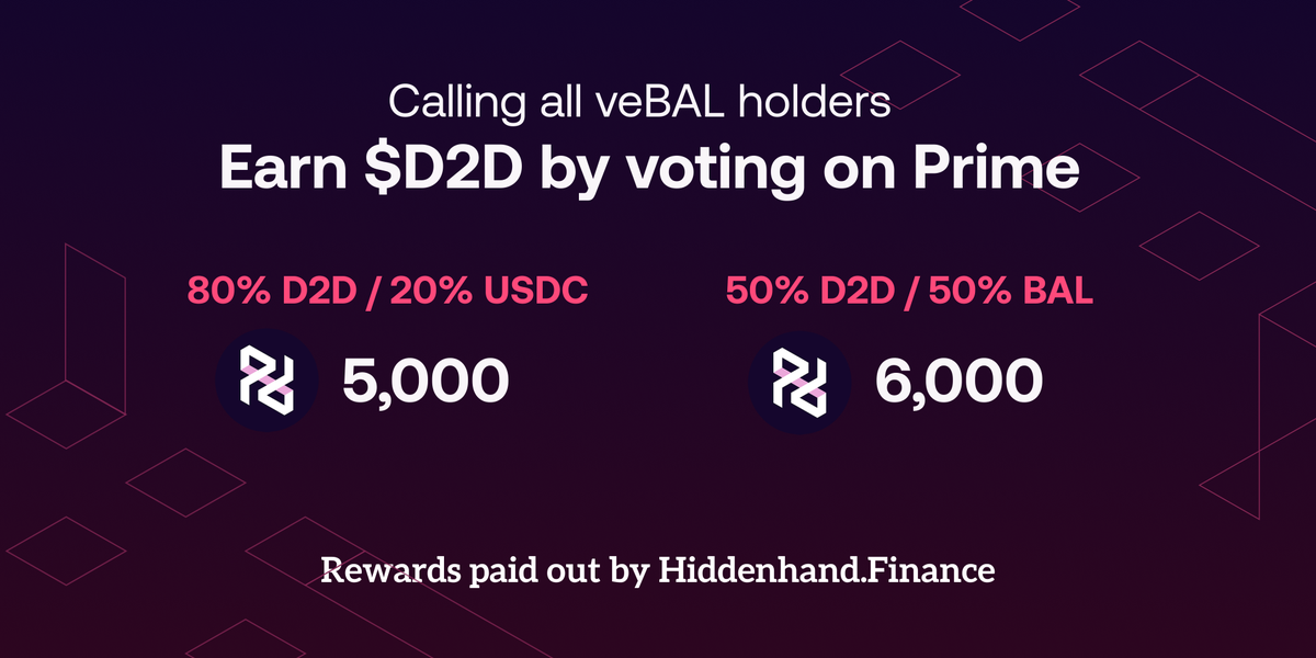 PrimeDAO_'s tweet photo. Calling all $veBAL holders!π«
Earn a share of 11,000 #D2D by voting on any of the two pools via https://t.co/QcaqQMMdB6π
Are you ready for #PrimePools? Alpha is dropping soon.
You still have 14 hours left to vote. https://t.co/L5H2KRraFu