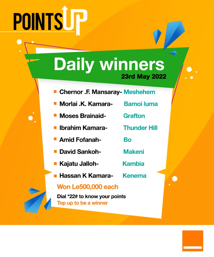 Orange_sierra's tweet photo. Keep the points up and win daily and weekly cash prizes. Up-to le 2,500,000 daily and up-to le 10,000,000 weekly. With Orange everyone is a winner. #pointsup #orangesl https://t.co/utBO5QFA77