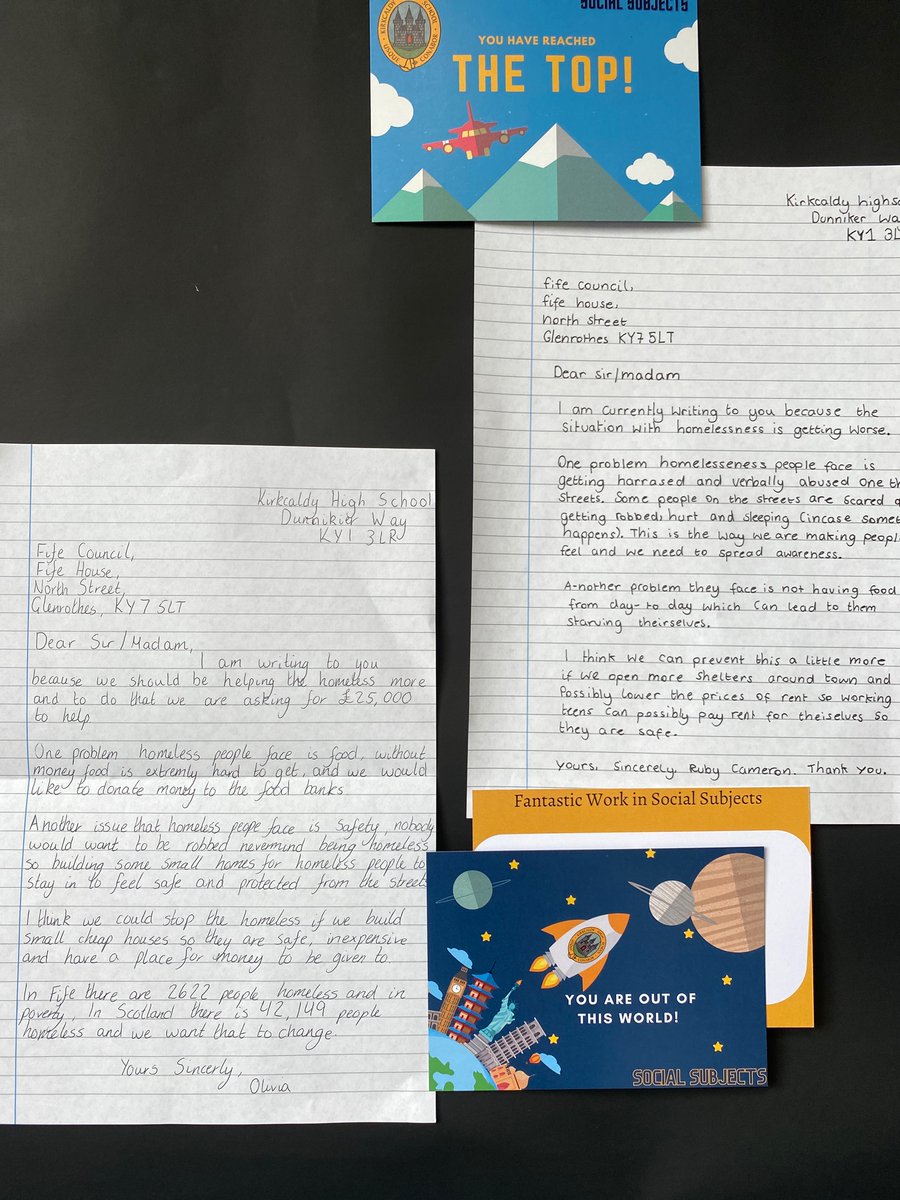 1AY and 1OX <a href="/KHSSocSub/">KHS-SocSub</a> <a href="/KirkcaldyHigh/">Kirkcaldy High School</a> taking action against homelessness in Fife, and wider Scotland by writing out their concerns to Fife council #youngvoices #rights #takeaction