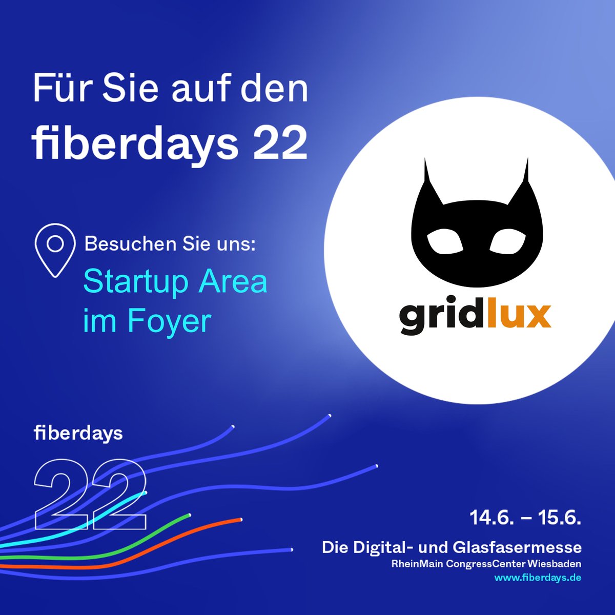 gridlux's tweet photo. Vom 14. bis 15. Juni 2022 findet Deutschlands führende Fachmesse rund um die zukunftssichere Glasfaser statt.

Sie finden unseren Messestand in der Startup Area im Foyer vor den Eingängen zur Halle Süd. 

#fiberdays22 #fiberdays #glasfaser #ftth #grobplanung #potenzialanalyse https://t.co/TOEkHAuH0x