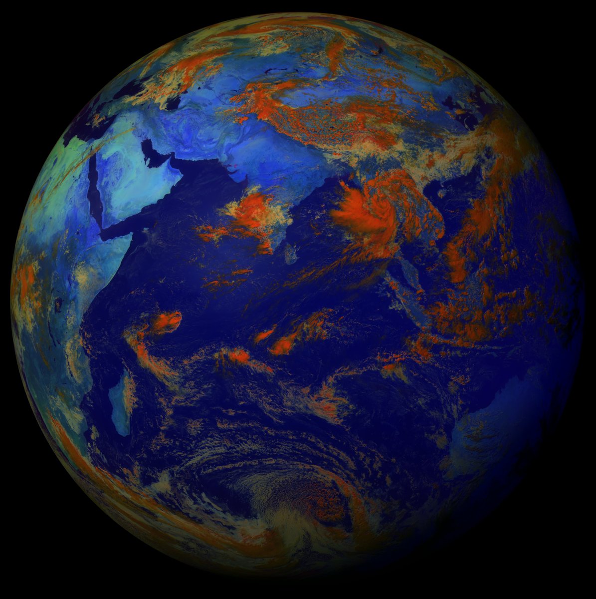 4ravind's tweet photo. INSAT-3D, 20th May 2022. 

Looks strange because I haven't figured out the band-to-rgb mapping yet, but I kinda like this colour scheme 😂 https://t.co/1D916apGs8