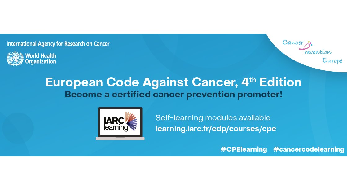 IARCWHO's tweet photo. 👋Are you a #cancerprevention advocate and health promoter?
Then the @IARCWHO certified 3h self-paced #CPElearning about the European Code Against Cancer, 4th edition (@cancercode) is for YOU🫵!
Now #cancercodelearning available in French🇫🇷 too!
#EWAC2022
https://t.co/QoEwkXKbIt https://t.co/VRnoRya0Dm