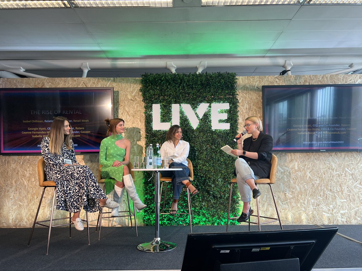 RetailWeek's tweet photo. Georgie Hyatt, CEO and Co-Founder of Rotaro, part of the Forbes 30 Under 30 European Cohort 2022 is joined by Isabella West, CEO @HirestreetUK and @Ceanne Fernandes-Wong, CEO &amp; Co-Founder of COCOON to explore rental fashion at #RWL2022  #Sustainable #Supplychain https://t.co/7GFpHLEvVV
