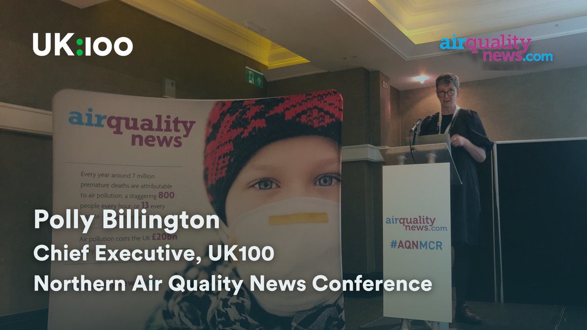 UK100_'s tweet photo. 🎤 @ChiefExecUK100_ spoke this morning at the @airqualitynews #AQNMCR conference at @MidlandMCR.

🚨 Polly gave a preview of our soon-to-be-released report introducing the #CleanAirNetZero concept — the need to align effective #NetZero policies and effective #CleanAir policies. https://t.co/Mhn7PmS4O8