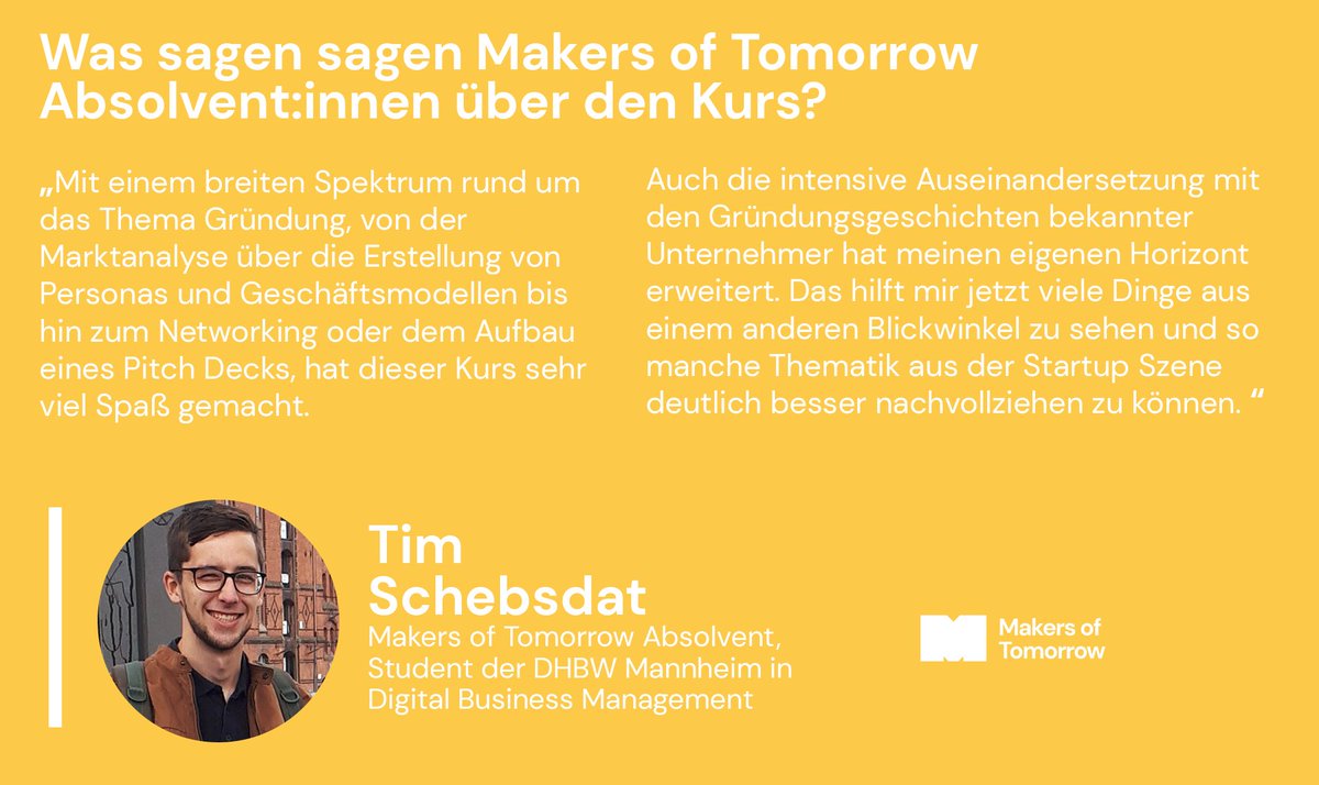 Tim Schebsdat, #Student der DHBW Mannheim ist Absolvent des #MoT Online-Kurses, und spricht über seine erlernten #Skills und #Erfahrungen, die er mit dem Kurs gemacht hat. 🎓✨
👉 makers-of-tomorrow.de