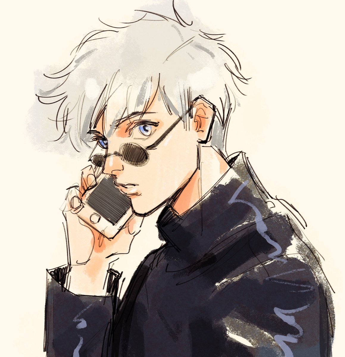 gojou satoru 1boy male focus blue eyes solo phone holding short hair  illustration images