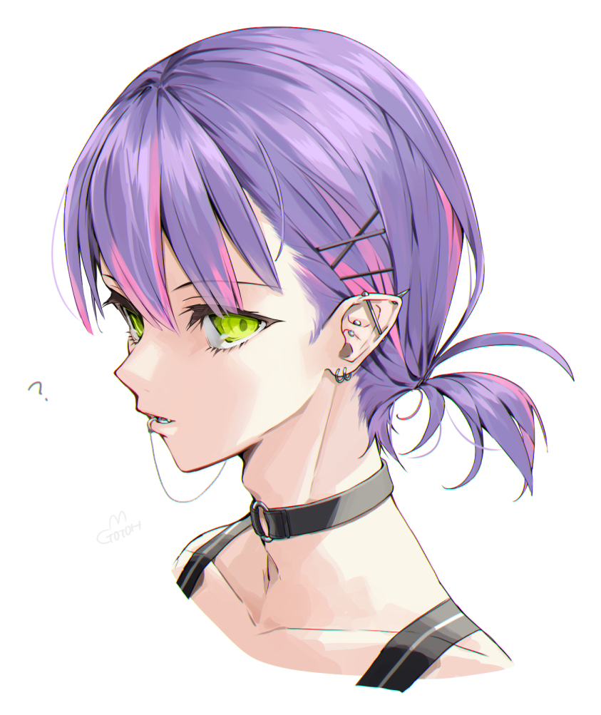tokoyami towa 1girl solo piercing purple hair green eyes ear piercing choker  illustration images