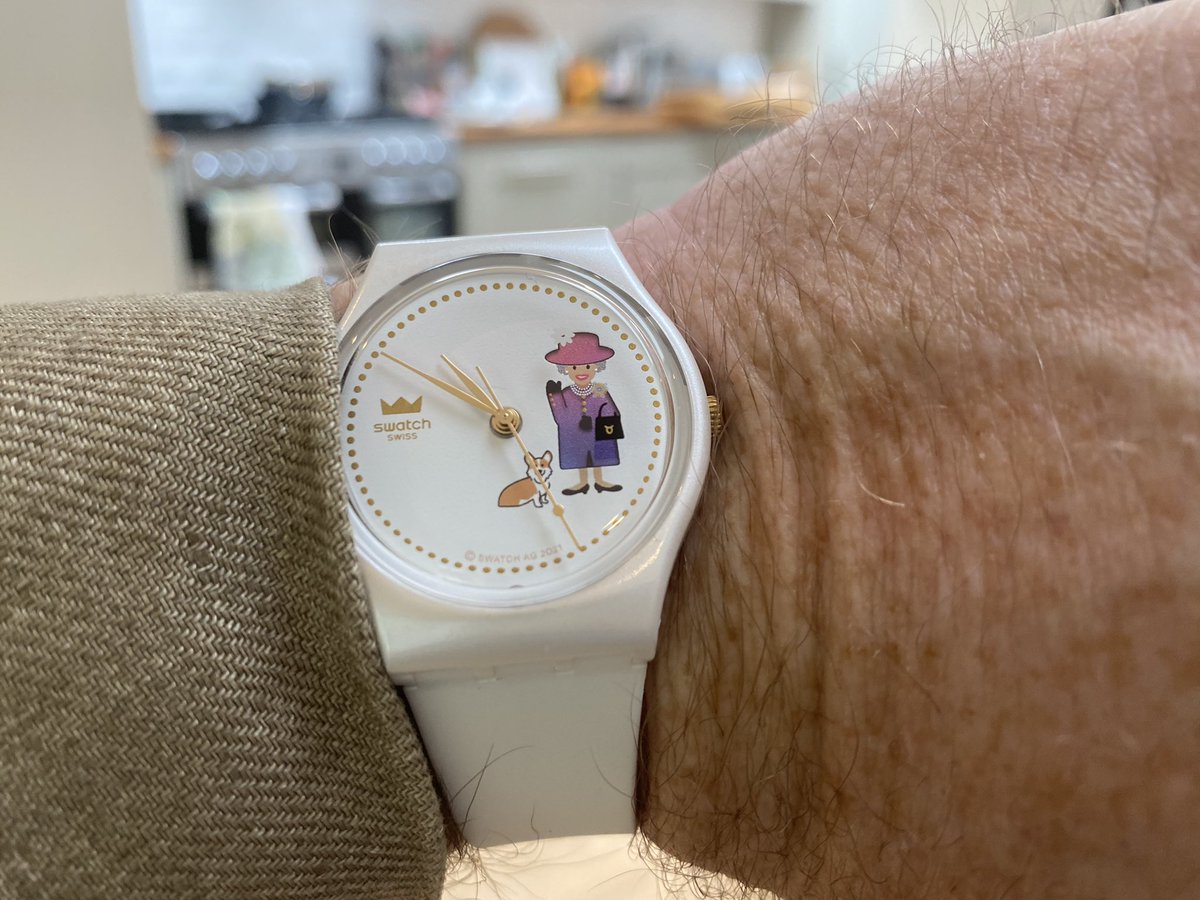 bernarddonoghue's tweet photo. I’m attending a Platinum Jubilee Garden Party at Buckingham Palace this afternoon and so will be wearing this EXTRAORDINARY @SwatchUK watch which arrived yesterday. It’s in honour of HM’s Jubilee and HM’s dress changes colour every day. Now you want one. https://t.co/svWsQs0Ssd