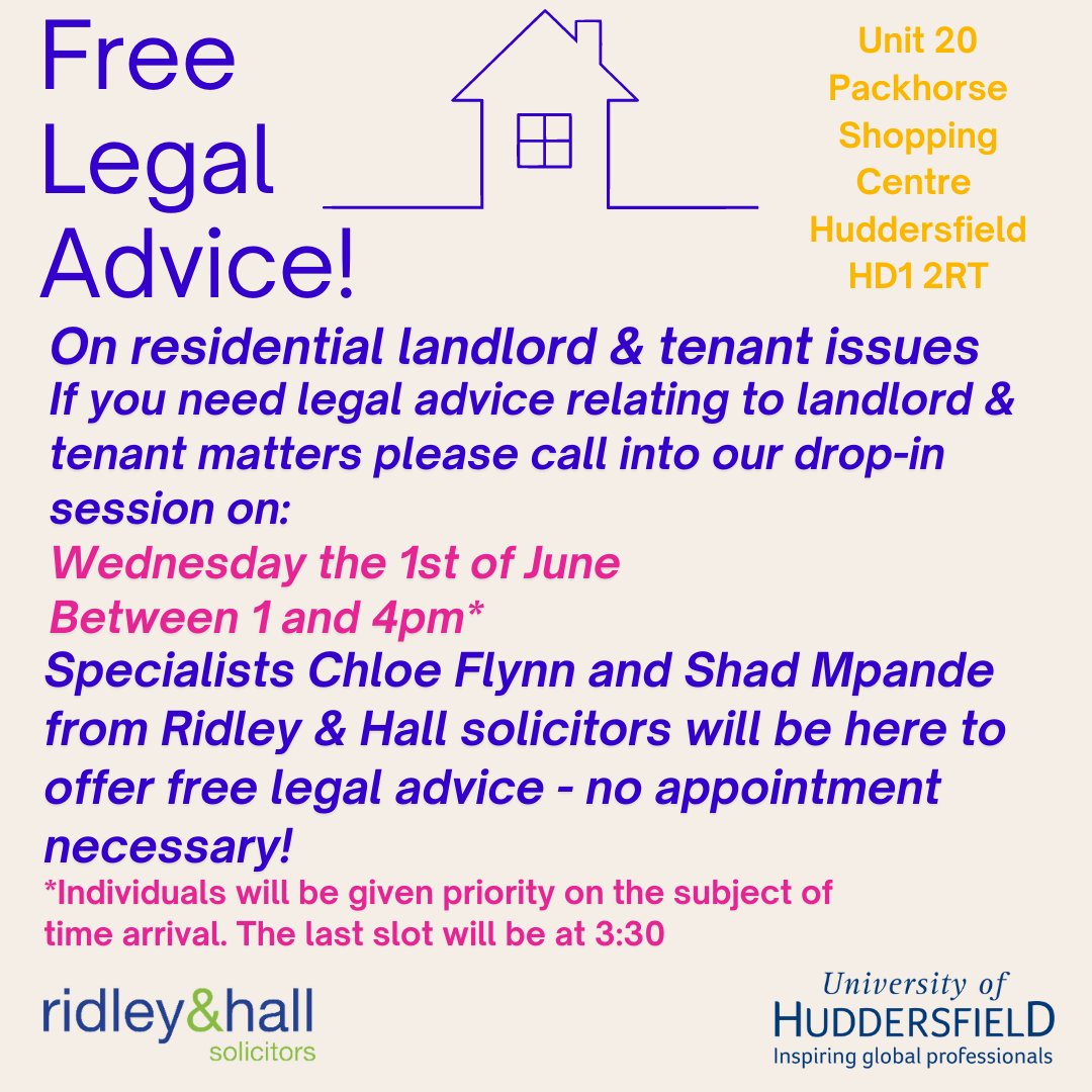 FREE drop-in session for legal advice from Shad Mpande &amp; Chloe Flynn from <a href="/ridleyandhall/">Ridley & Hall</a> 
.Experts in all areas of residential landlord &amp; tenant law 
<a href="/PackhorseSC/">The Packhorse Centre</a>
 on 01/06/2022 between 1-4pm. No appointment needed!