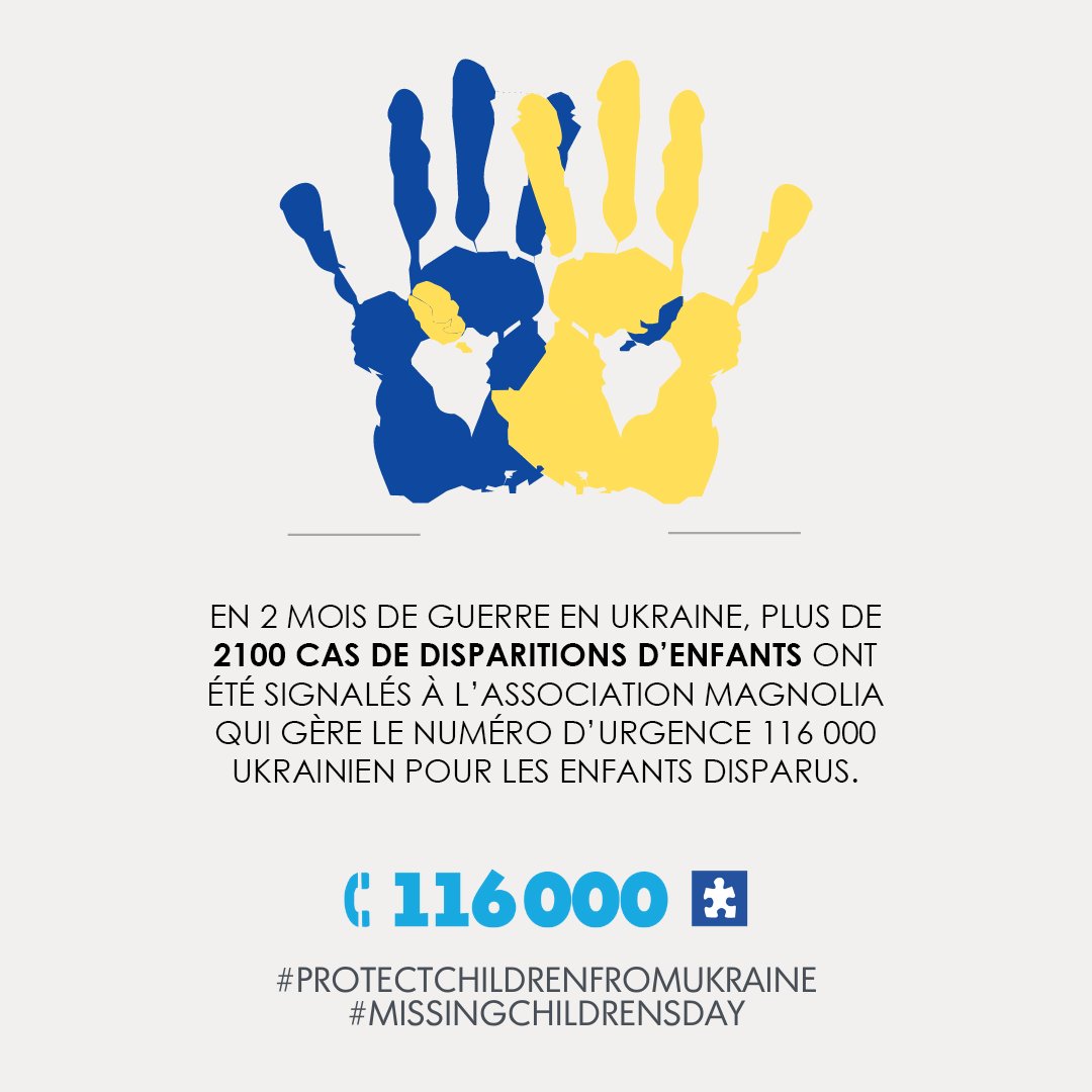 DroitdEnfance's tweet photo. C'est la #JournéeInternationaleDesEnfantsDisparus 📅 
@MissingChildEU, dont fait partie Droit d'Enfance, alerte sur l'impact de la guerre en Ukraine : elle expose des milliers d'enfants à un risque accru de disparition et d'être séparé de leur famille.
👉https://t.co/dRrqu18IEP https://t.co/galbLNuQhz