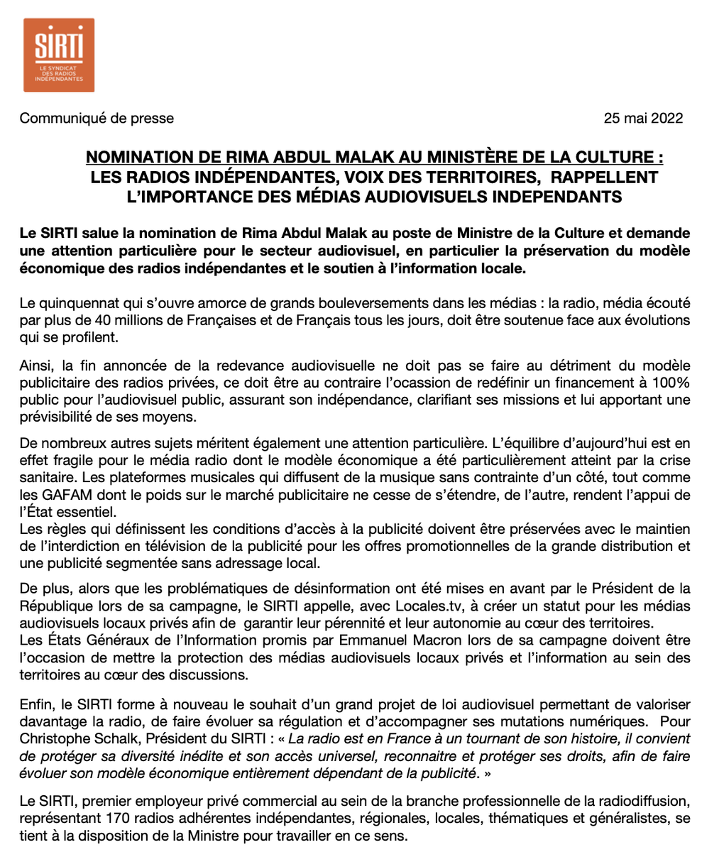 Sirti_radio's tweet photo. Nomination de @RimaAbdulMalak au @MinistereCC : les radios indépendantes, voix des territoires, rappellent l'importance des médias audiovisuels indépendants. #SIRTI #RADIO #AUDIOVISUELLOCAL https://t.co/NYYJYnXgST
