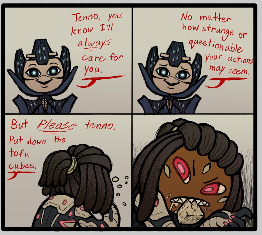 I eat them purely out of spite. And why do the meat cubes look raw? #warframe #aoz #angelsofthezariman #art #comic