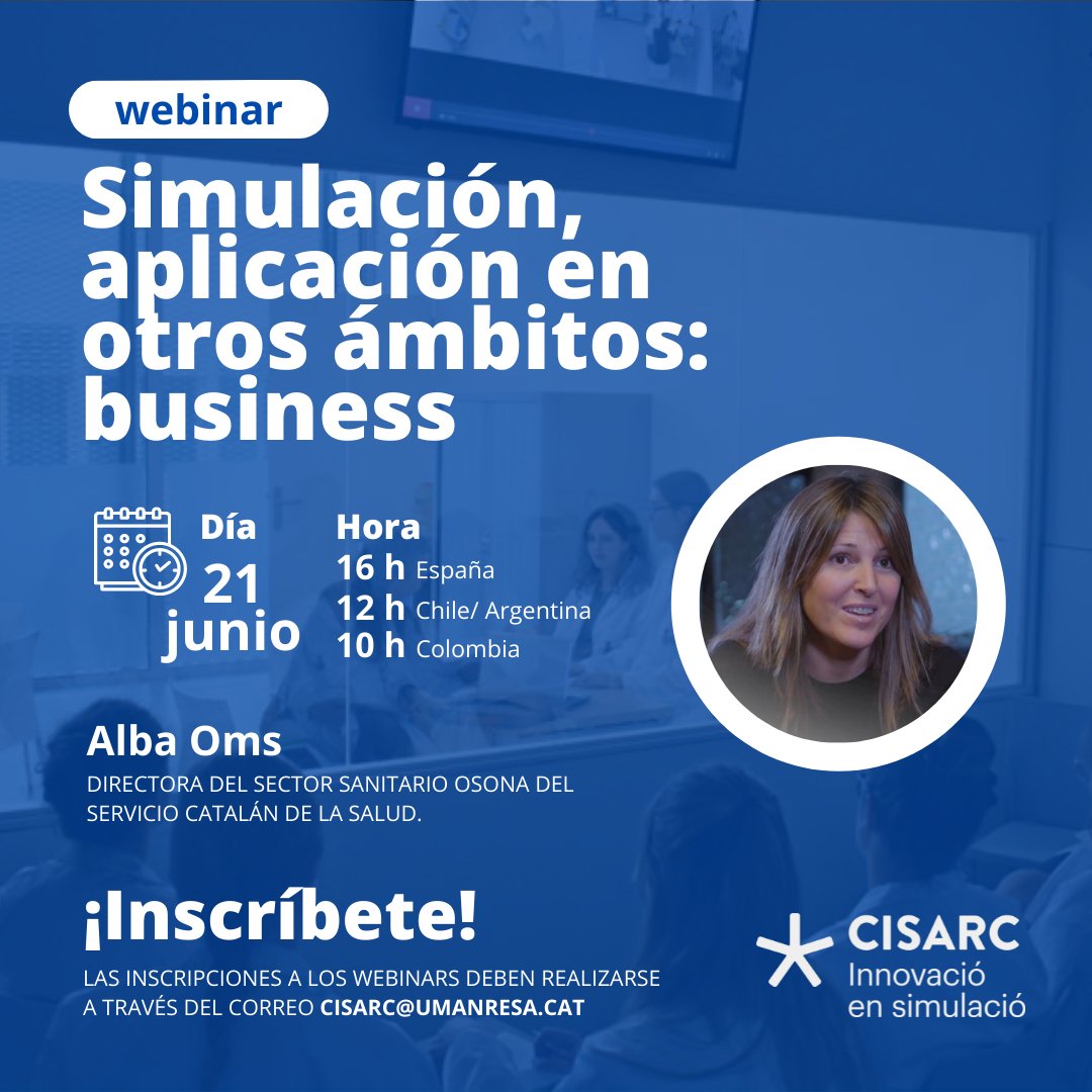 Nou webinar Let's talk about simulation: Simulació, aplicació en altres àmbits: business, amb <a href="/oms_alba/">Alba Oms</a>

🗓️ 21 de juny
⌚️ 16 h
🔗 cisarc.umanresa.cat/es/webinar/

#UManresa #CISARC #simulacio #infermeria