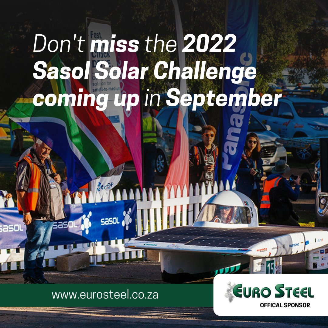 EuroSteelSA's tweet photo. There are more than 20 opportunities to see the 2022 Sasol Solar Challenge teams in action – join us at one of the stops along our 2 500 km route.
#SasolSolarChallenge2022 #Aluminium #EuroSteel #Metal #SteelWork #UseAluminium #StainlessSteel https://t.co/NGlrWVUPuA
