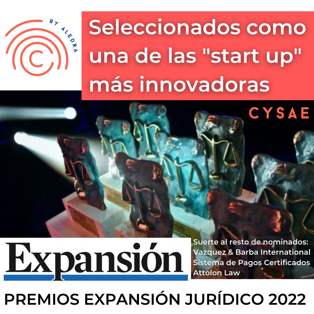 cysae_legal's tweet photo. Tenemos el orgullo de haber sido seleccionados como una de las "start up" más innovadoras de 2021 junto con @SPCertificados, @attolon1 y @vbilclegal. 
Mucha suerte a todos.

https://t.co/ILQBhVcGEv

#Premiosexpansion #startups #Legal https://t.co/Fa0LXFtSxO