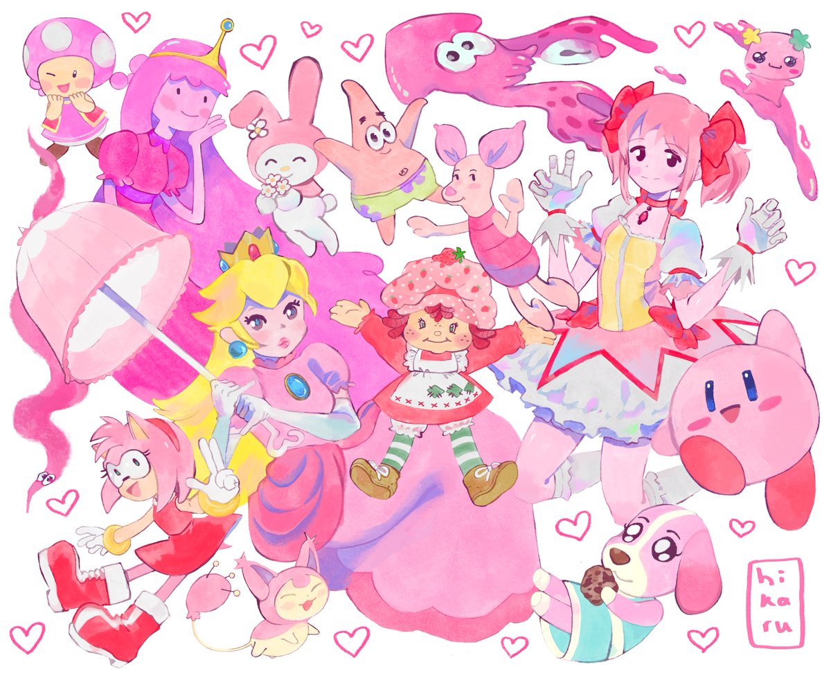 kaname madoka ,kirby ,princess peach crossover multiple girls pink hair dress gloves umbrella white gloves  illustration images