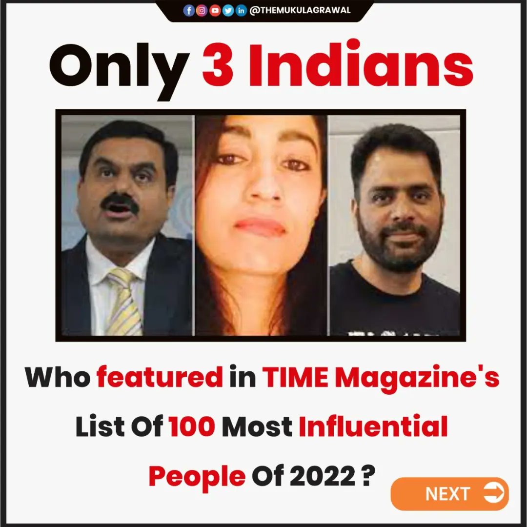 themukulagrawal's tweet photo. TIME Magazine has recently announced its list of 100 most influential people for the year 2022.
We are proud as an Indian, this year three Indians namely #GautamAdani, #KarunaNundy, and #KhurramParvez have found mentioned in the list.
.
.
#timemagazine #timemagazinecover https://t.co/ZR6KqF586L