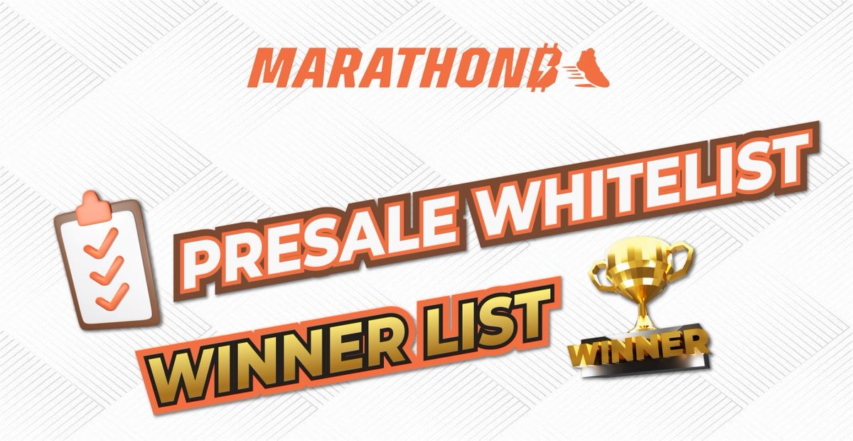 🎊 MARATHON B WHITELIST PRESALE CONTEST HAS ENDED 🎊

👟Thank you for your participation, nearly 4000 participants, but only 100 winners.
👟Congratulation to who have your wallet noted in the list, you are 1 out of 40.
👉 Gleam Presale Winner List: docs.google.com/document/d/1kg…
#M2E