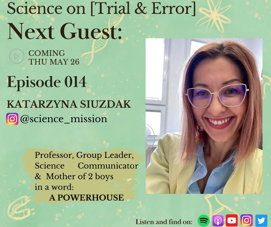 scienceontrial's tweet photo. We are finally back and with What a Guest!On May 26 you can hear from @kasiasiuzdak - Group Leader at IMP @PAN_akademia in Gdańsk PL. 
Truly inspiring Scientist who strongly supports young researchers&amp; collaborations and is passionate about SciComm. Plus a Mom of two boys! 1/3🧵 https://t.co/pjUMOJhETT